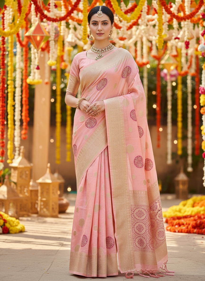 baby pink kora organza saree with golden zari work border