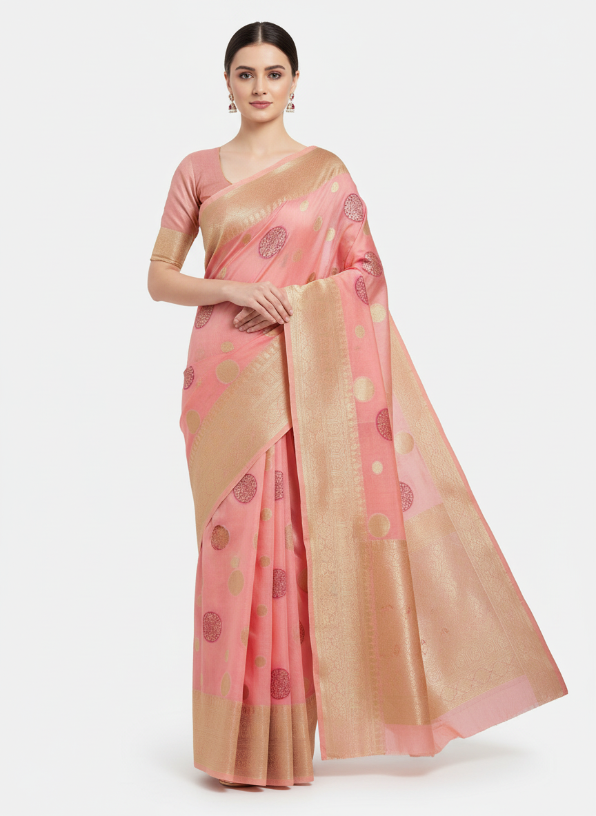 baby pink kora organza saree with golden zari work border