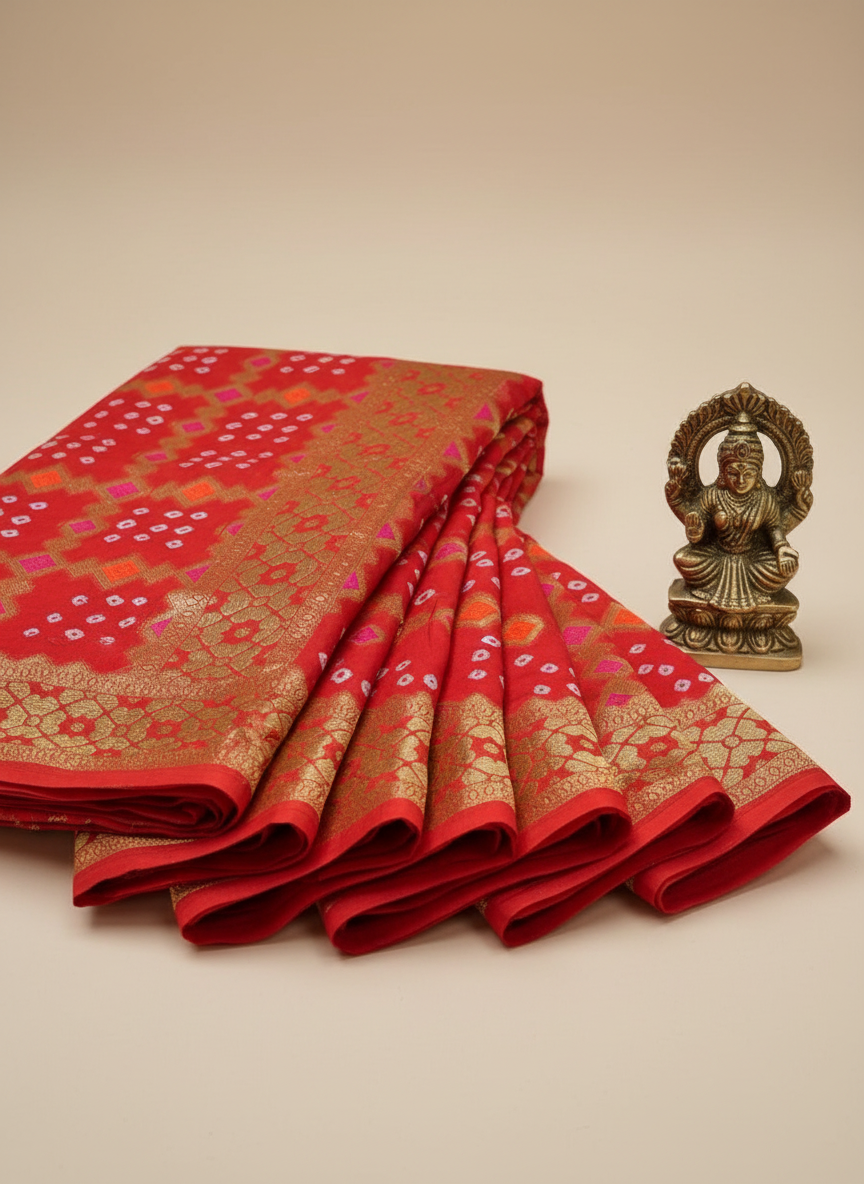 semi goergette dark orange bandhani saree with rani pink and orange minakari work  golden  zari work