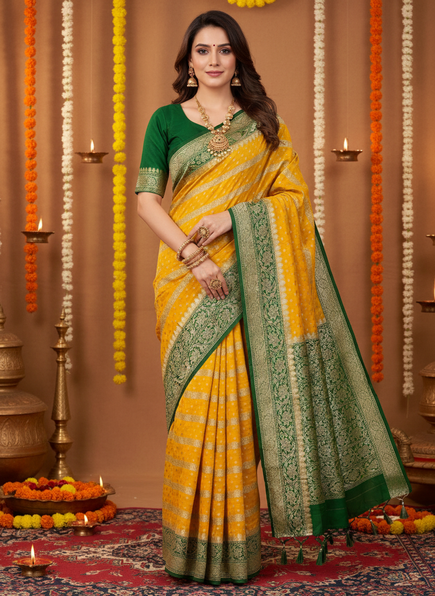 pure khaddi georgette with golden zari lemon and bottle green saree with silk mark certificate
