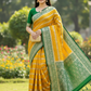 Pure khaddi georgette with golden zari lemon and bottle green saree with silk mark certificate