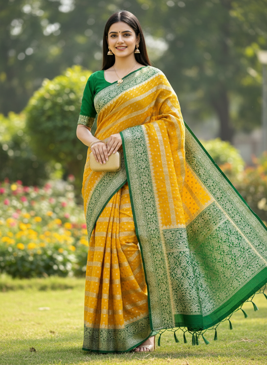 pure khaddi georgette with golden zari lemon and bottle green saree with silk mark certificate