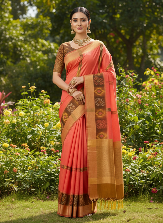 chanderi cotton ikkat design coral pink color saree