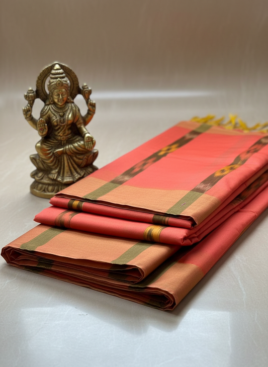 Chanderi cotton ikkat design coral pink color saree