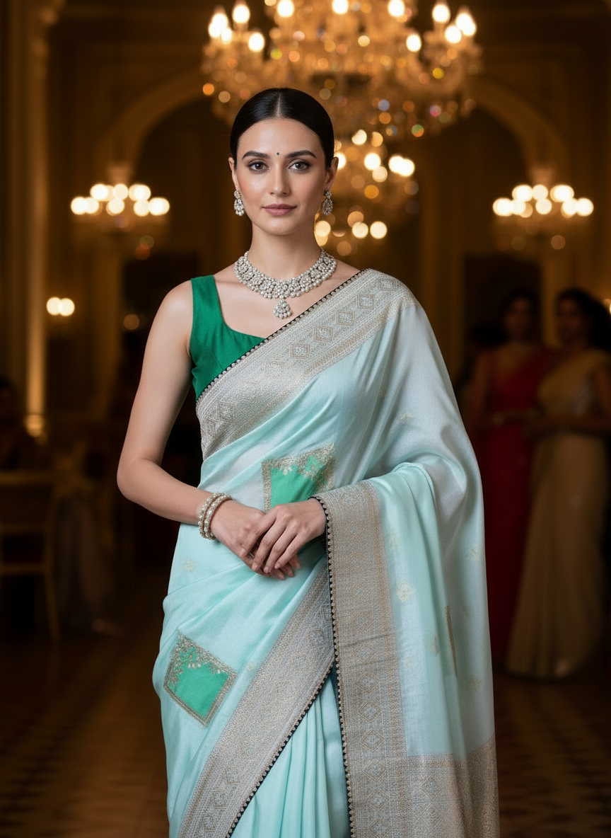 sea blue pure dola silk saree with rose gold zari work saree. with piping finish to border.