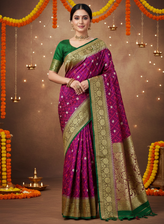 royal purple color organza silk saree with contrast geen color border with golden zari work. golden motifs.