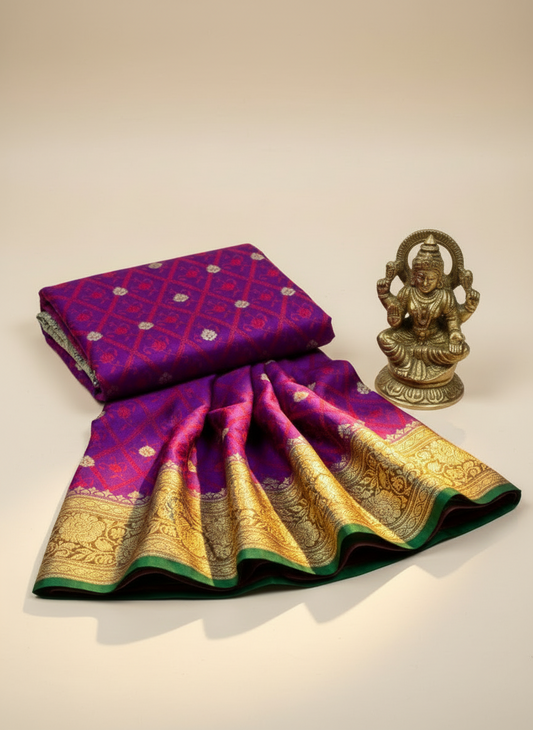 Royal purple color organza silk saree with contrast geen color border with golden zari work. golden motifs.