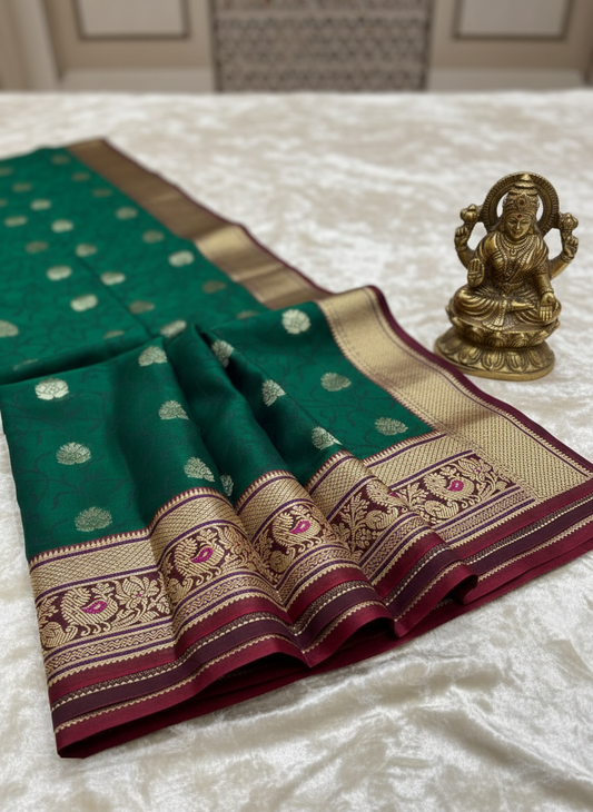 Green and maroon saree with intricate patterns on a tiled floor
