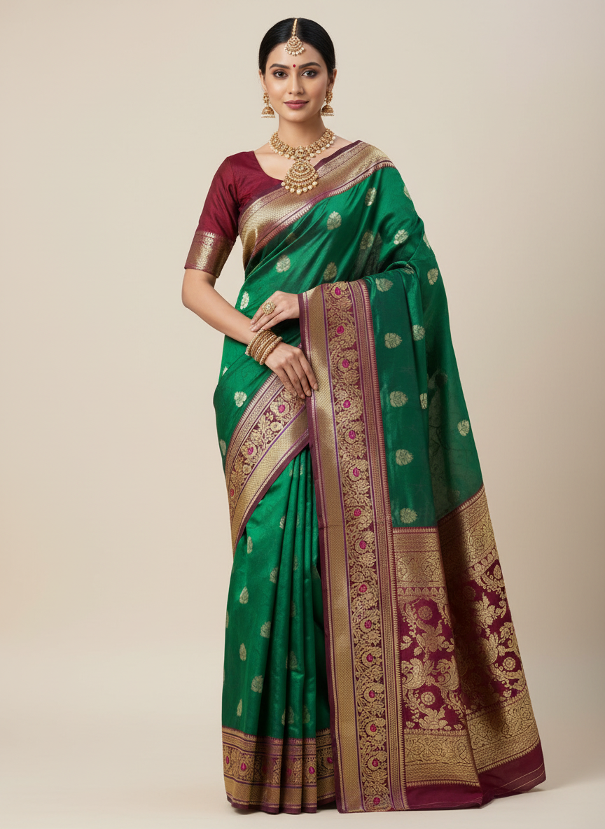 Soft silk bottle green color saree with maroon and golden zari border