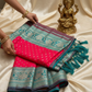 Redish pink saree with golden zari motifs and rama blue color border with silver zari