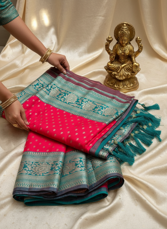 redish pink saree with golden zari motifs and rama blue color border with silver zari