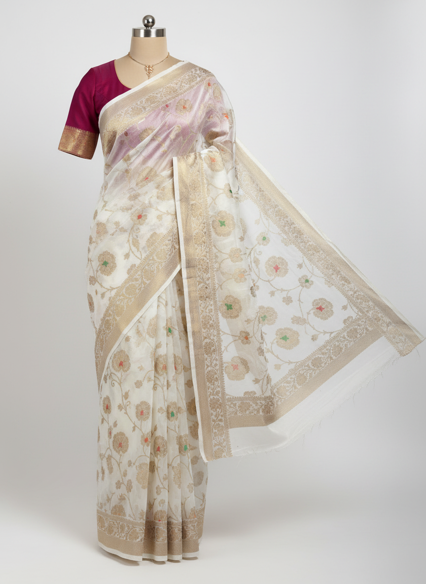 white  bnarasi organza saree ith golden zari work and red and green mina work .