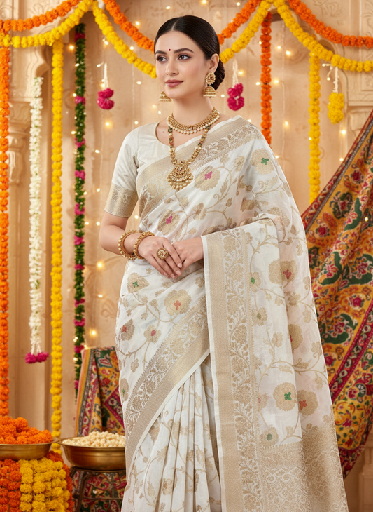 White  bnarasi organza saree ith golden zari work and red and green mina work .