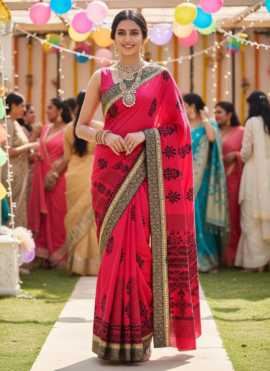 red color semi silk saree with black thread chikankari work and  border with small dot mottifs