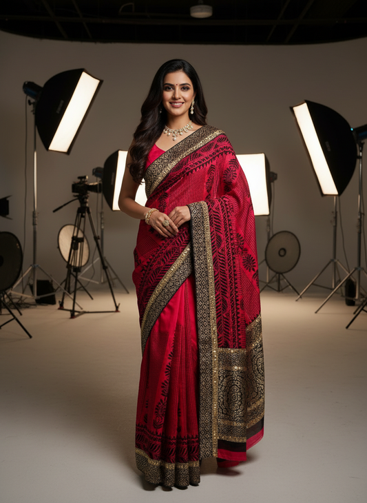 Red color semi silk saree with black thread chikankari work and  border with small dot mottifs