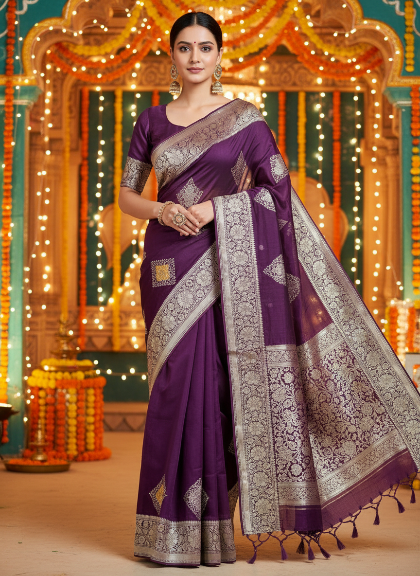 pure organza saree with rose gold zari wine color saree. with piping finish with yellow minakari weaving