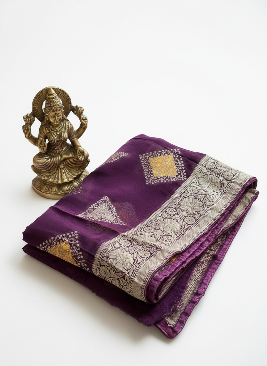 pure organza saree with rose gold zari wine color saree. with piping finish with yellow minakari weaving