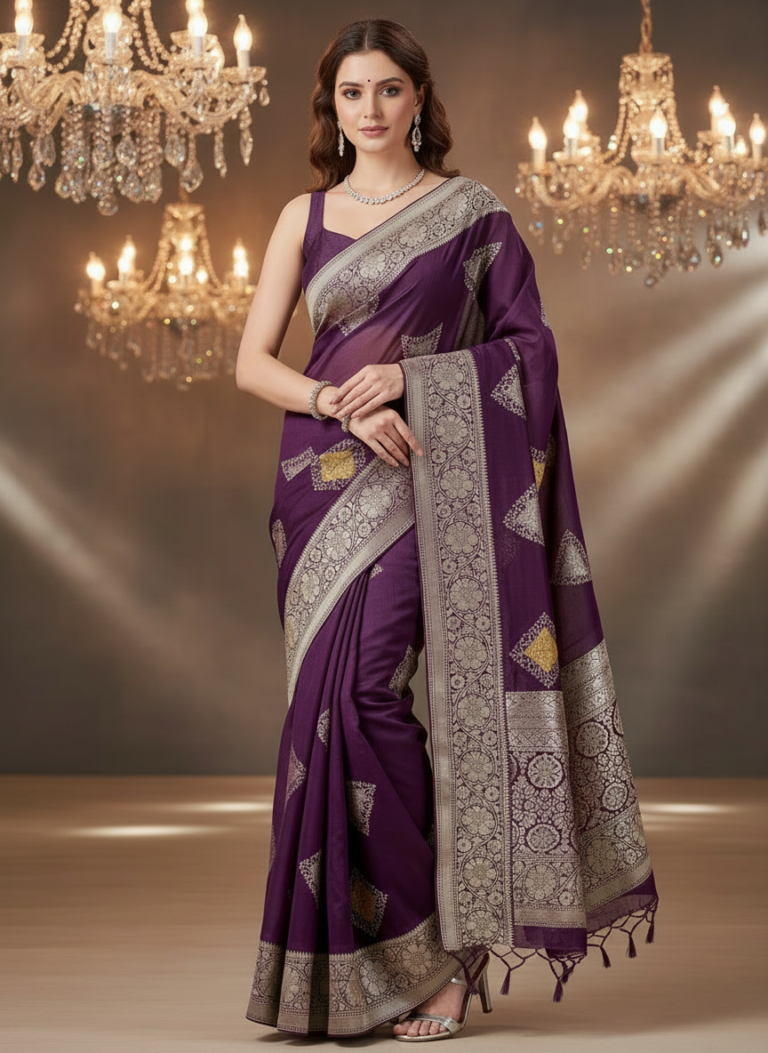 pure organza saree with rose gold zari wine color saree. with piping finish with yellow minakari weaving