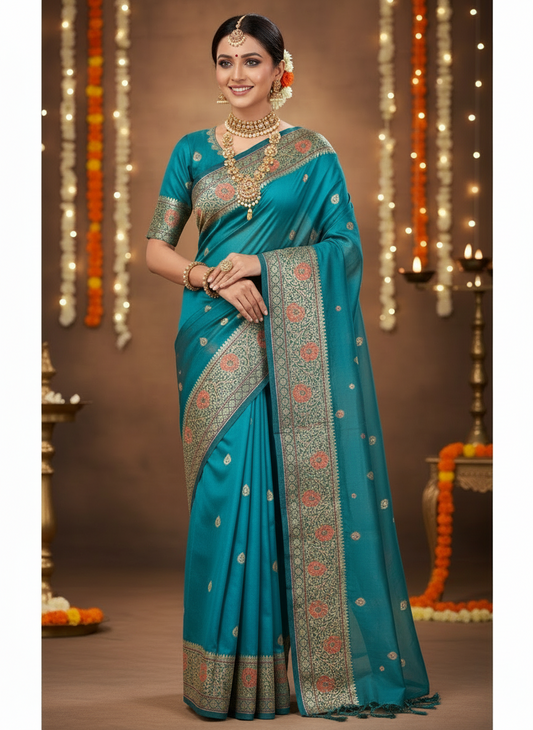 Blue saree with intricate patterns on a tiled floor