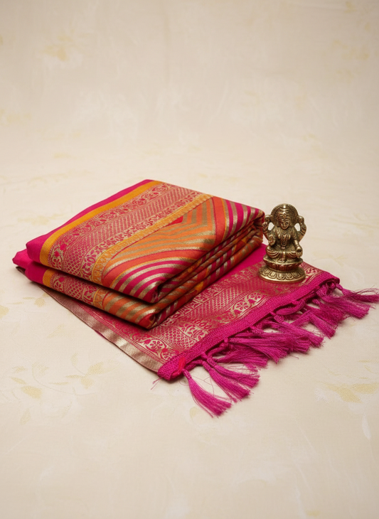 semi brocade saree with leheria pattern multi color
