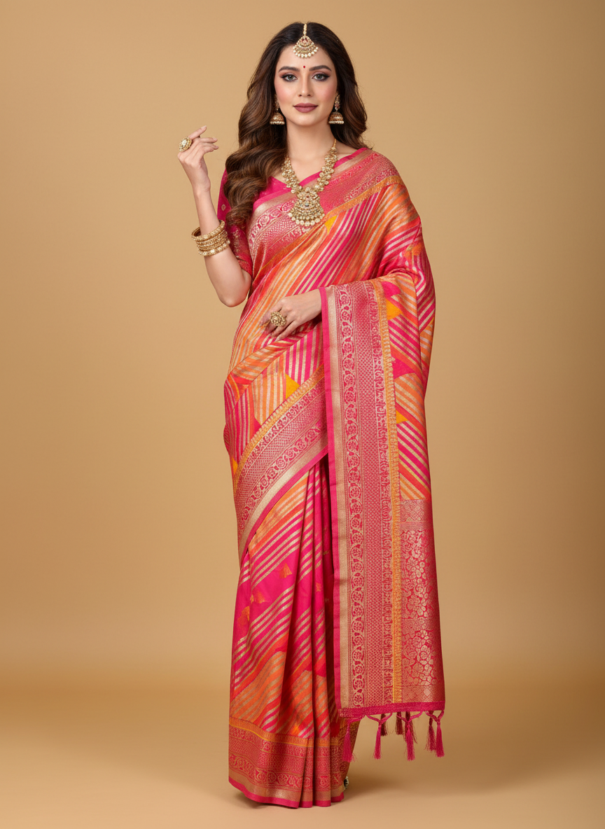 semi brocade saree with leheria pattern multi color