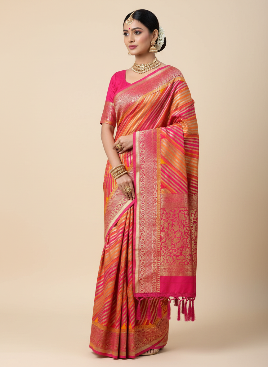 semi brocade saree with leheria pattern multi color