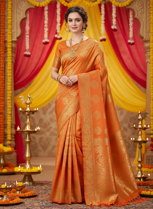 banarasi organza saree with golden zari work all over