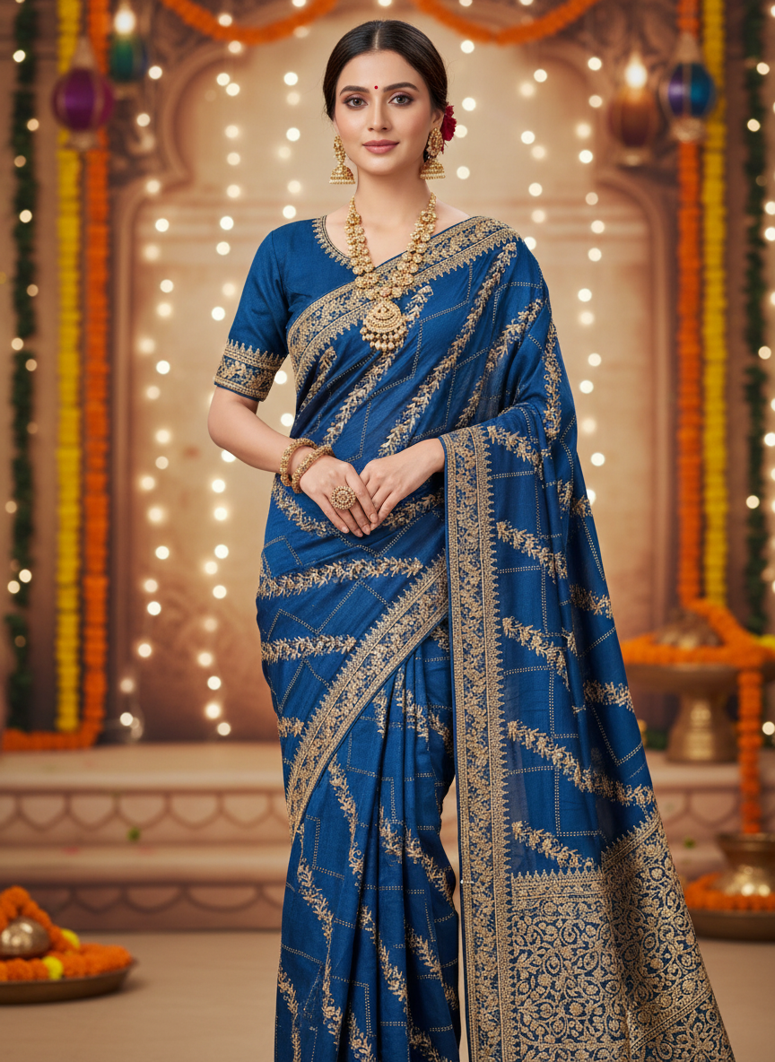 Blue fabric with gold embroidery on a white surface