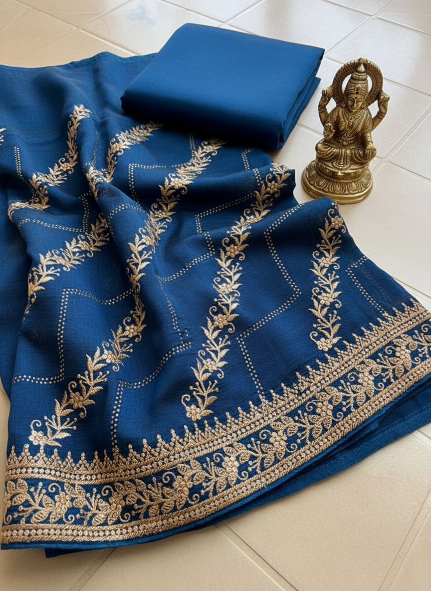 pure georgette royal blue color saree with antique  golden zari work with diamond work.