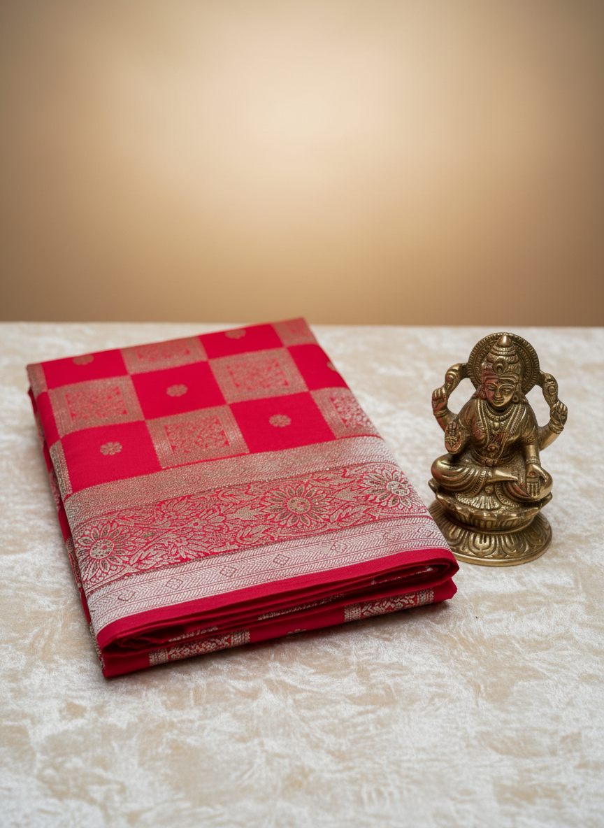 Chilly red color saree with silver zari and diamomd work ...