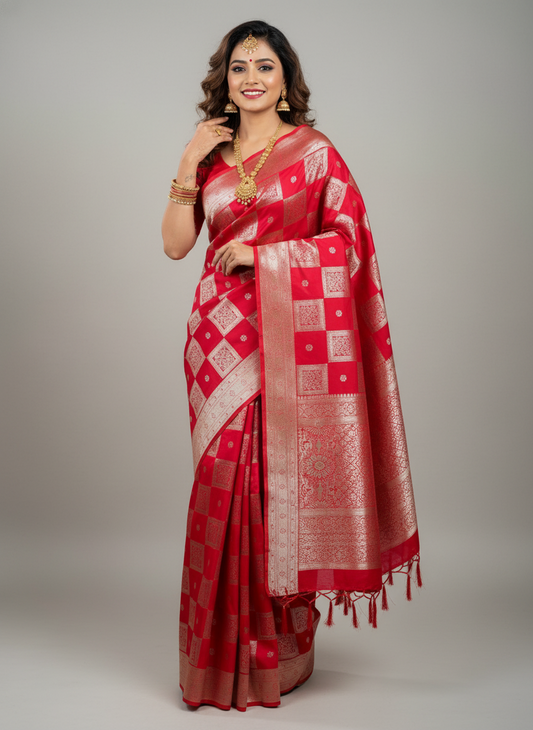 Chilly red color saree with silver zari and diamomd work