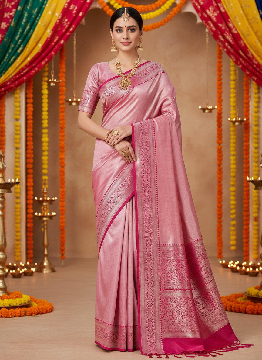 pastel dark pink color tissue saree with border