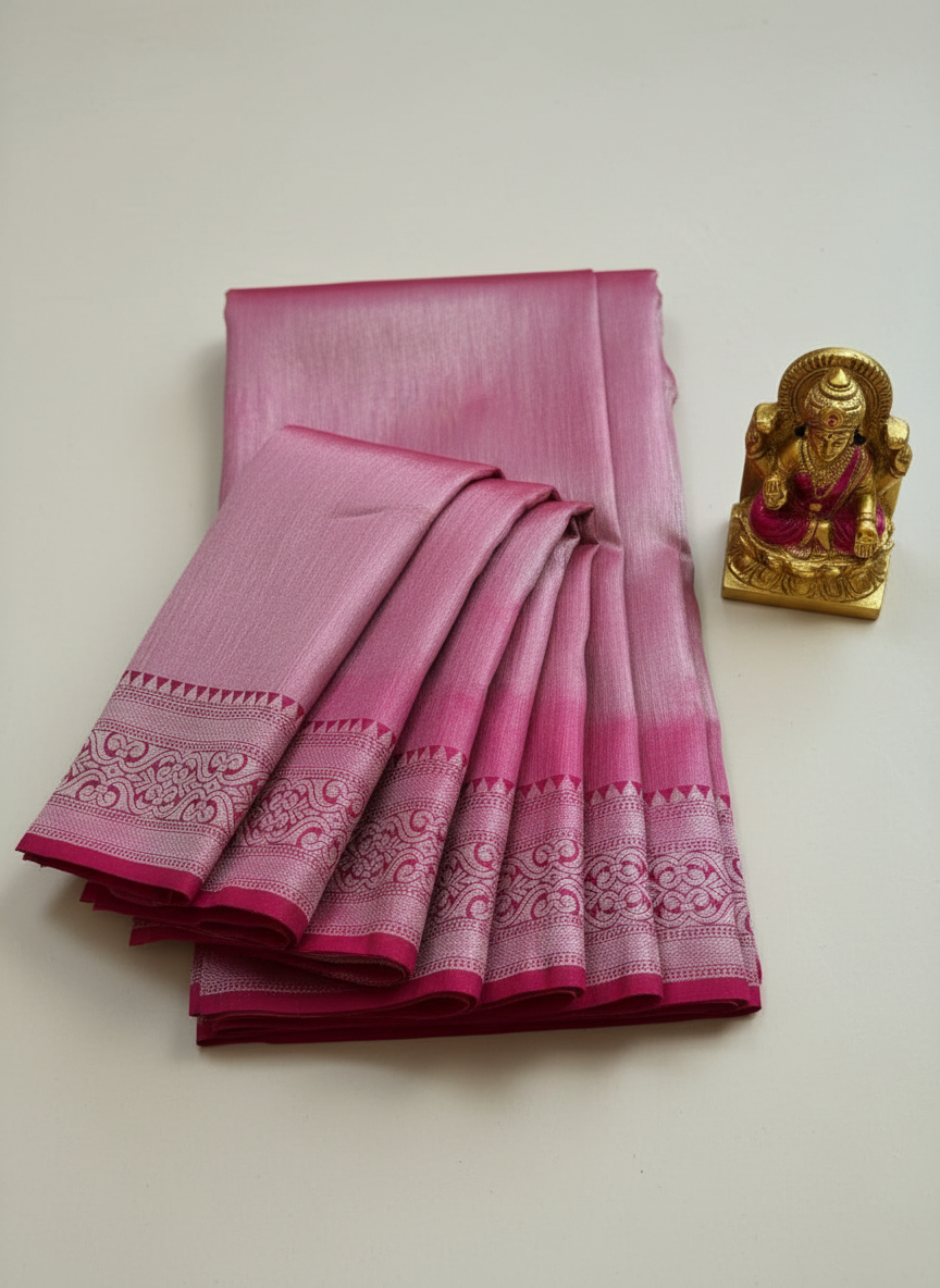 pastel dark pink color tissue saree with border