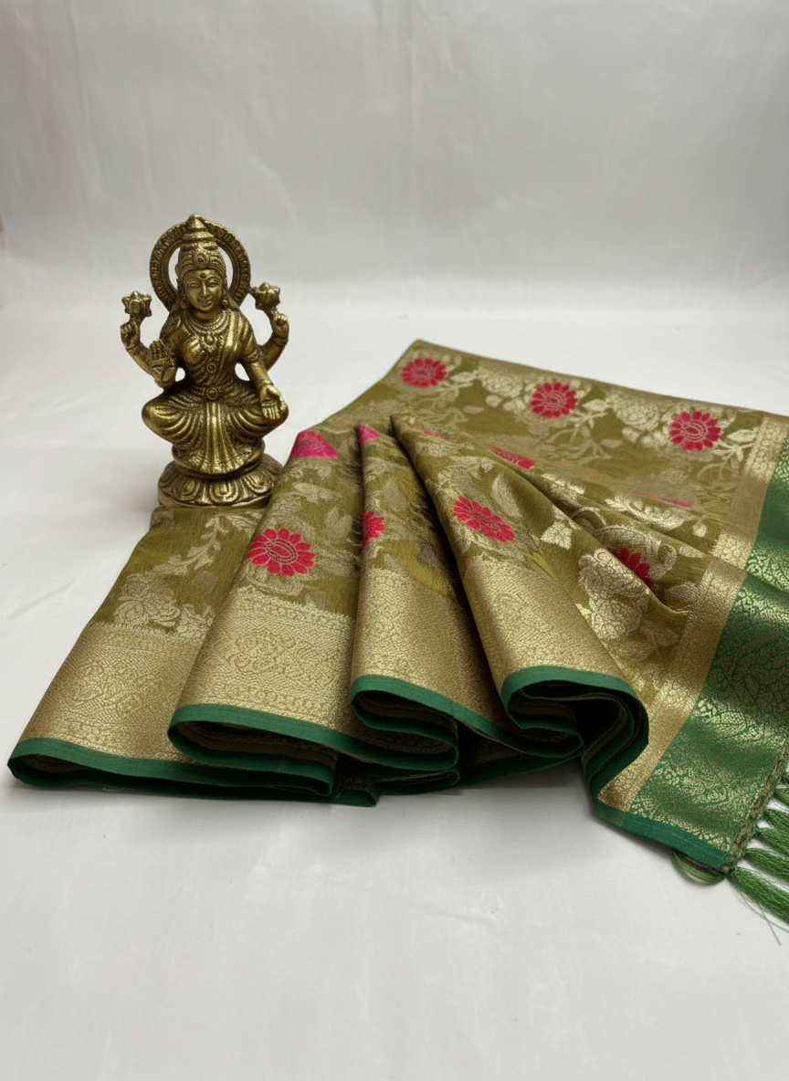 mehandi color organza banarasi saree. golden zari work and red and rani pink mina work.