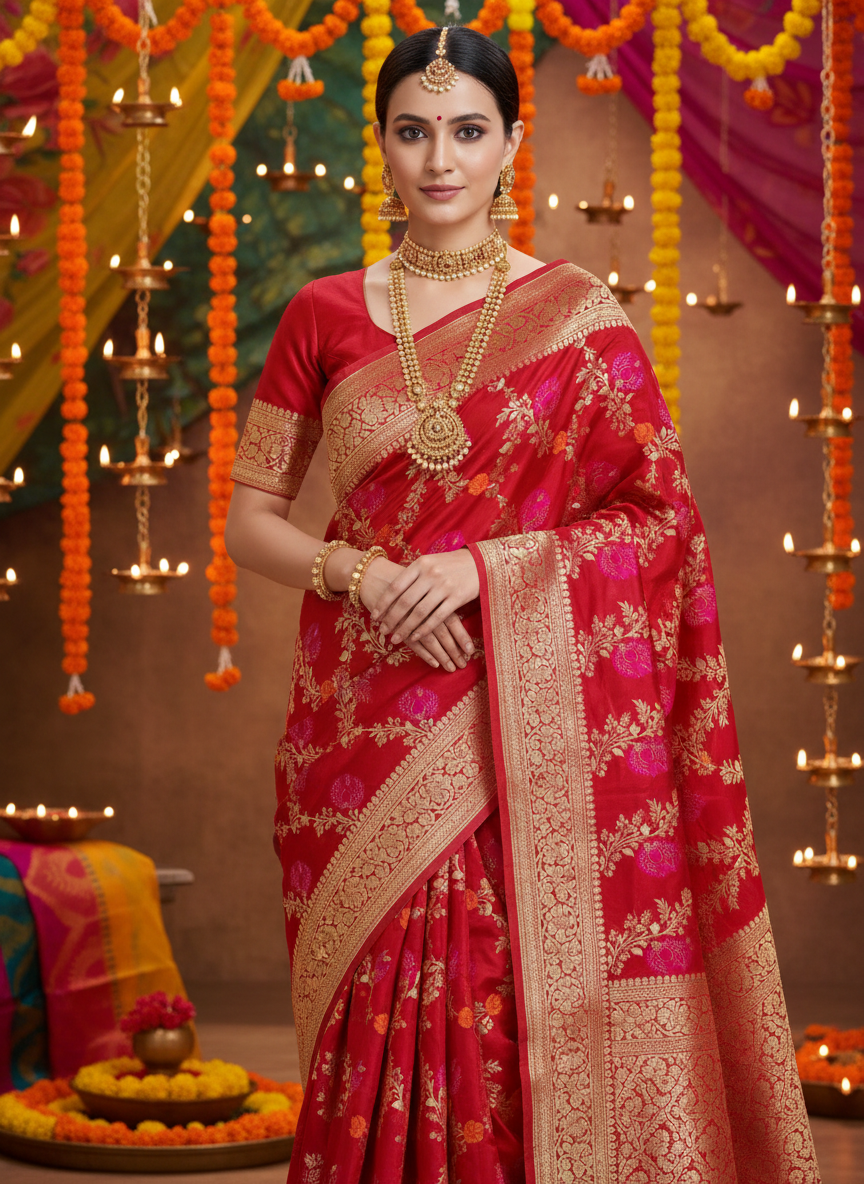 semi silk elegant banarasi saree jaal pattern golden zari work. with pastl rani and orange color mina work