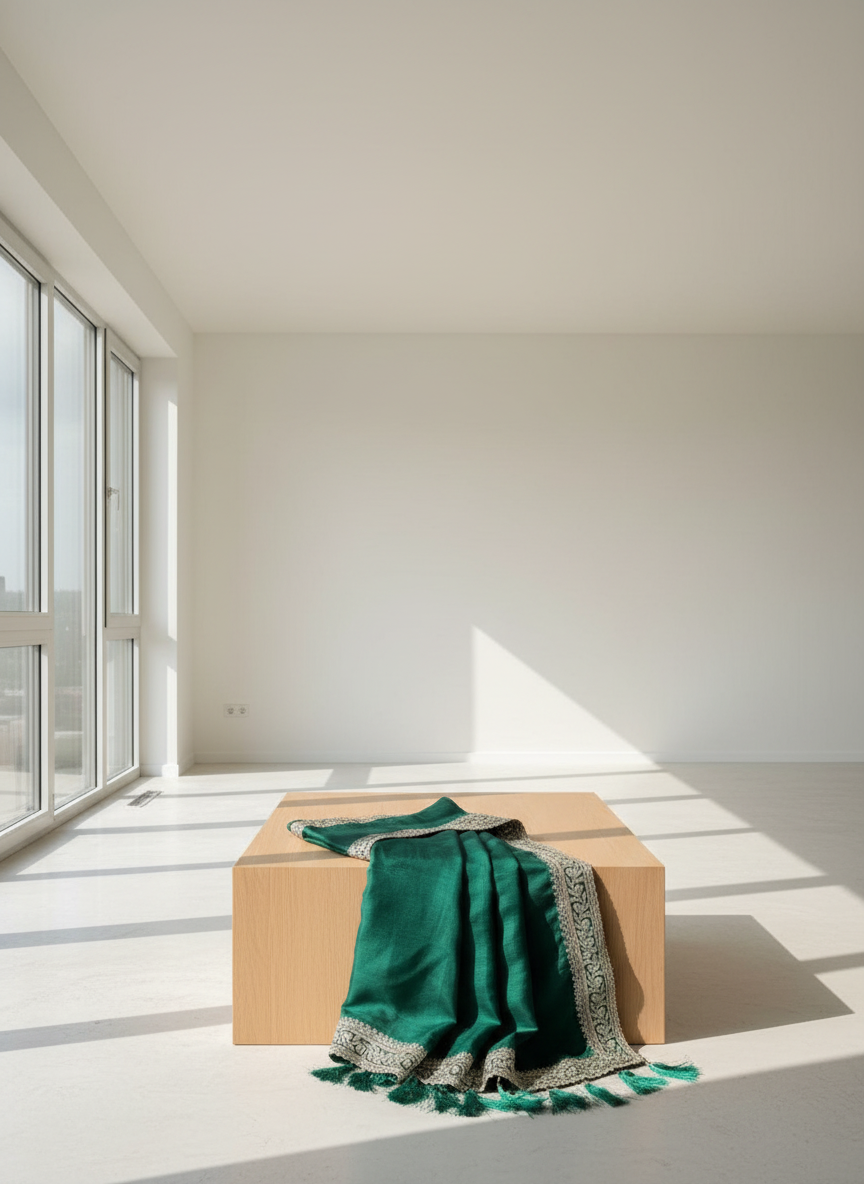 Green saree with white embroidery on a tiled floor