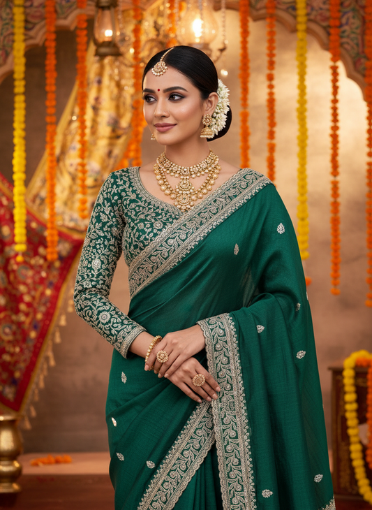 Pure chiffon silk lovely bottle greencolor saree with golden zari work border.