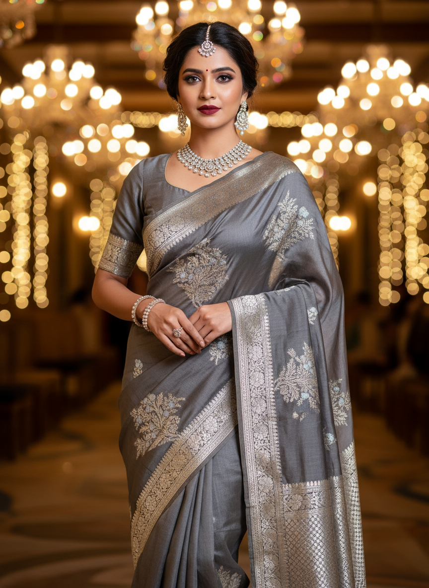 Gray fabric with floral patterns on a tiled floor