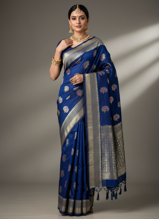 Royal blue soft silksaree with goldn zari motifs with rani pink and orange minakari all over