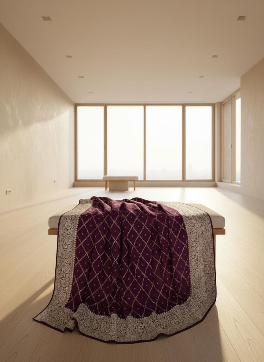 Purple and white patterned fabric draped over a chair on a tiled floor.