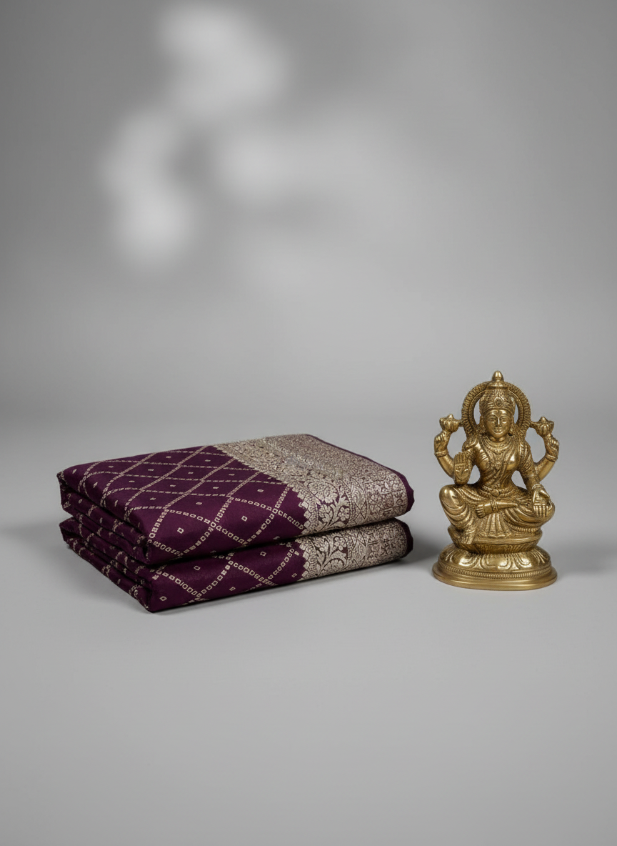 Purple and white patterned fabric draped over a chair on a tiled floor.