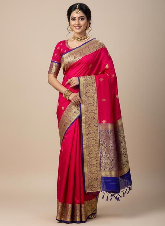 red soft silk sare with royal blue golden zari border