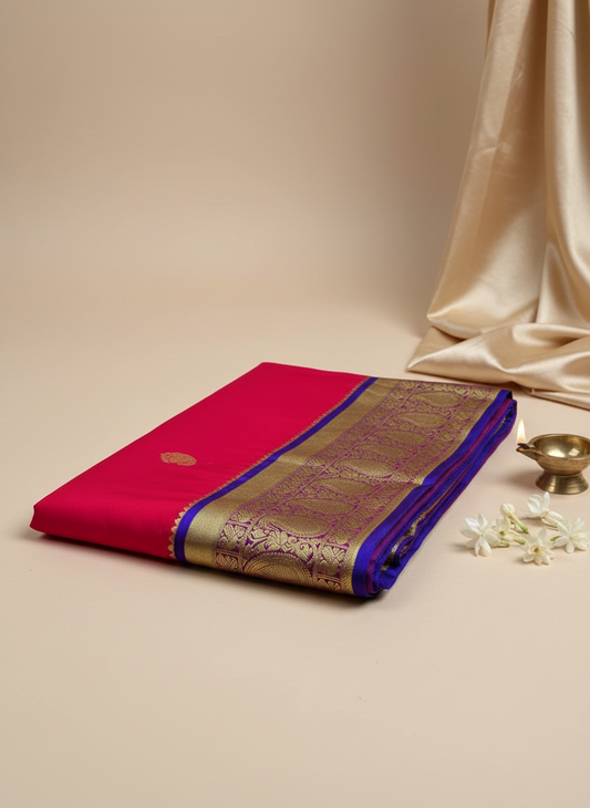Red soft silk sare with royal blue golden zari border