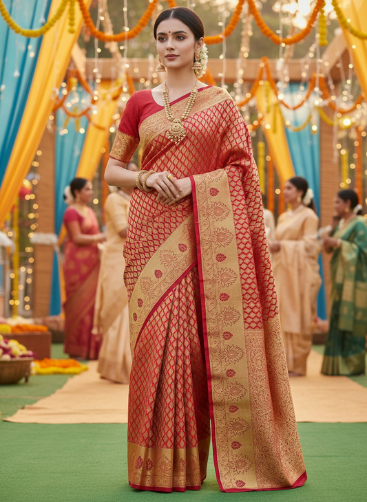 red brocade saree with golden zari work