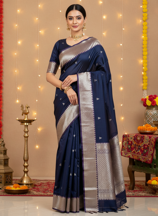 pure chanderi  silk navy blue saree with silver zari work .