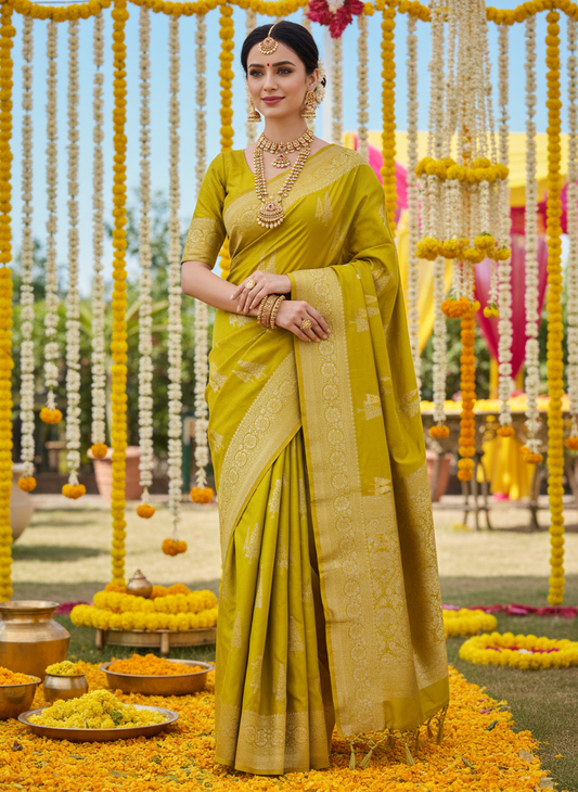 tussar silk pastel mustard color saree with golden zari work