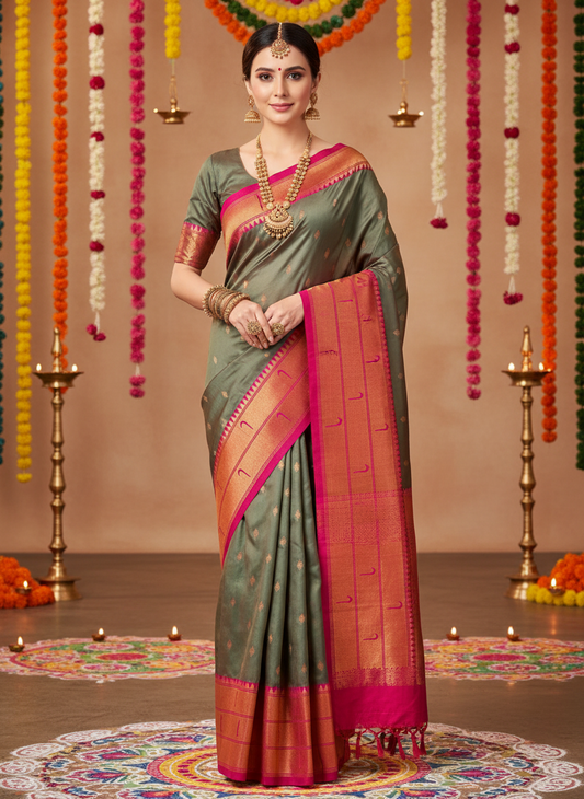 soft silk fig color muniya paithanhi contrast  dark rani color border