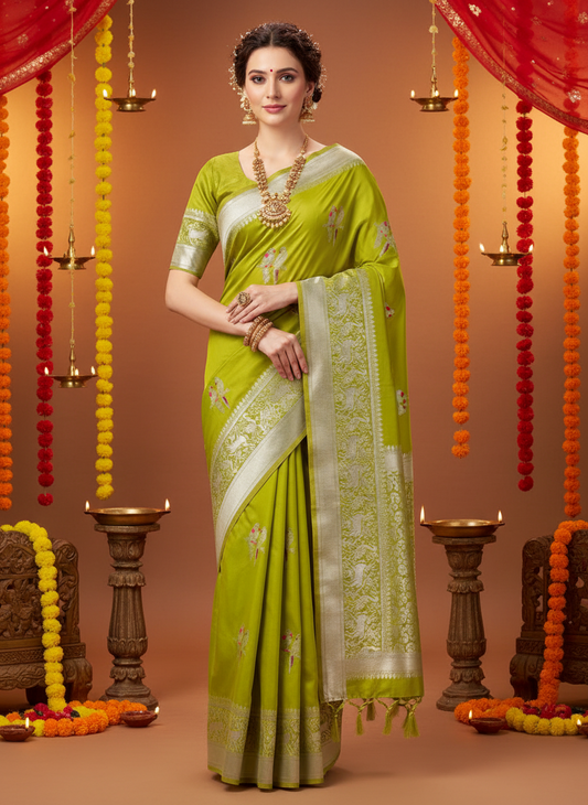 soft silk , parrot green pastel color muniya paithanhi,silver zari work