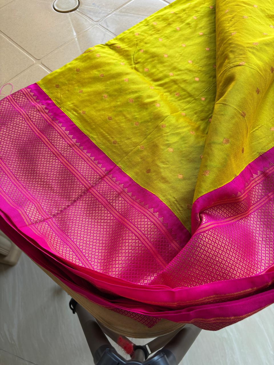Pastel Mustard Semi Silk Kadiyal Paithani Saree with Traditional Zari Border