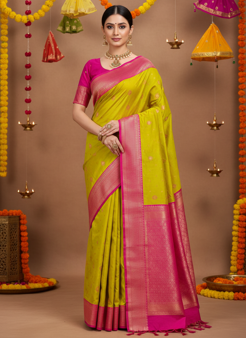 Pastel Mustard Semi Silk Kadiyal Paithani Saree with Traditional Zari Border